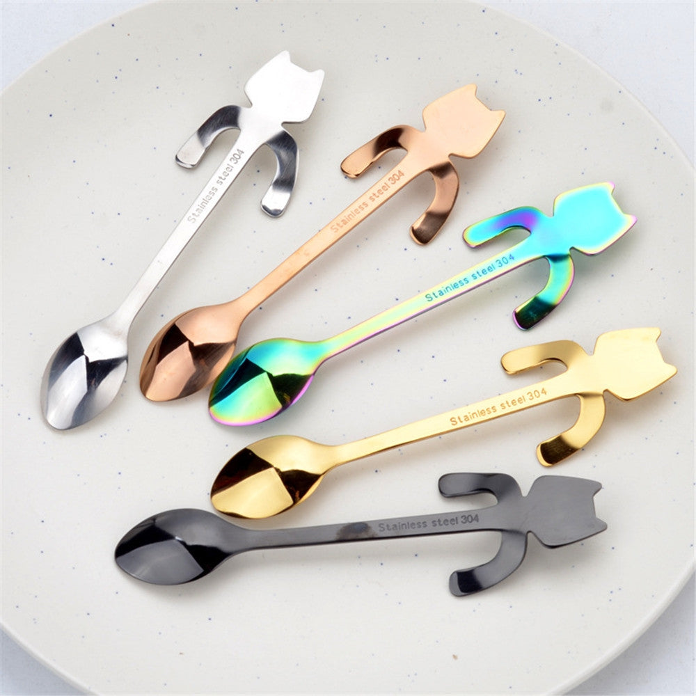 1PCS Stainless Steel Cartoon Cat Spoon Creative Coffee Spoon Ice Cream Candy Teaspoon Kitchen Su...