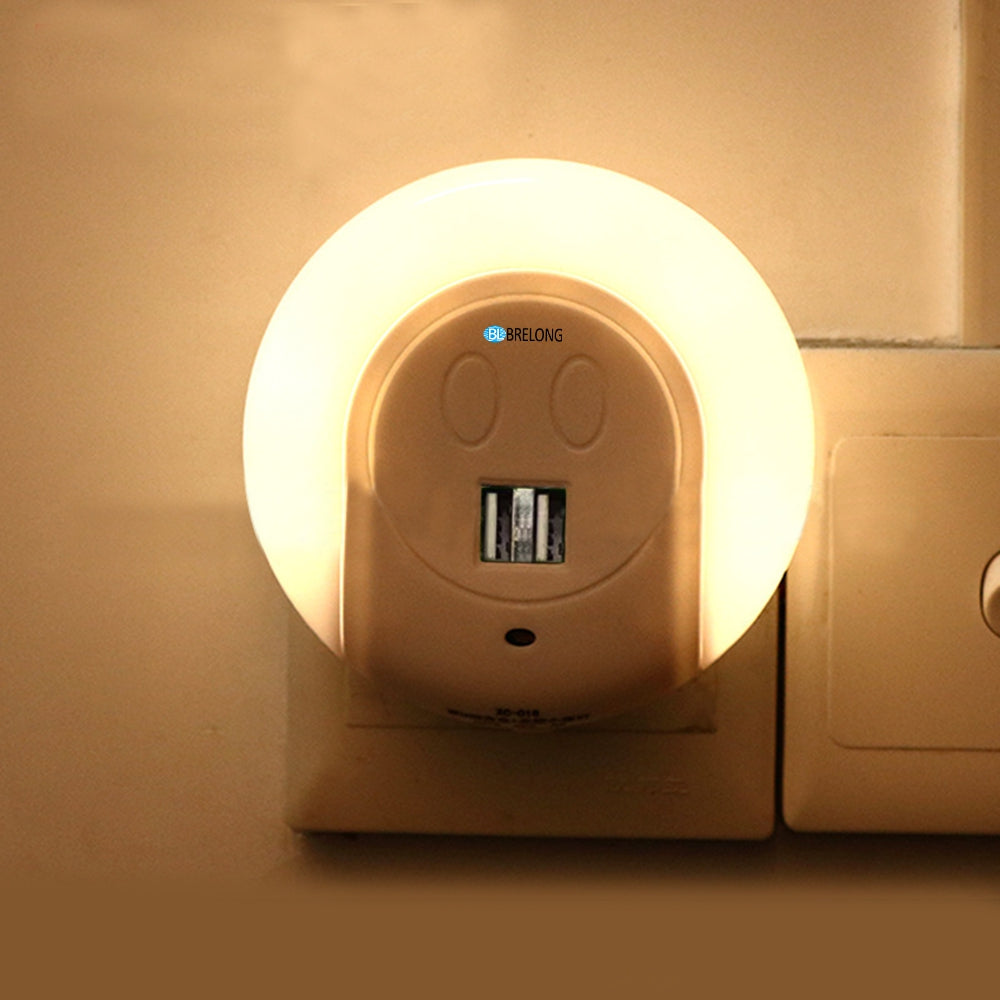 BRELONG LED Night Light Dual USB Port Wall Charger  Light Sensor  2A 110-240V US