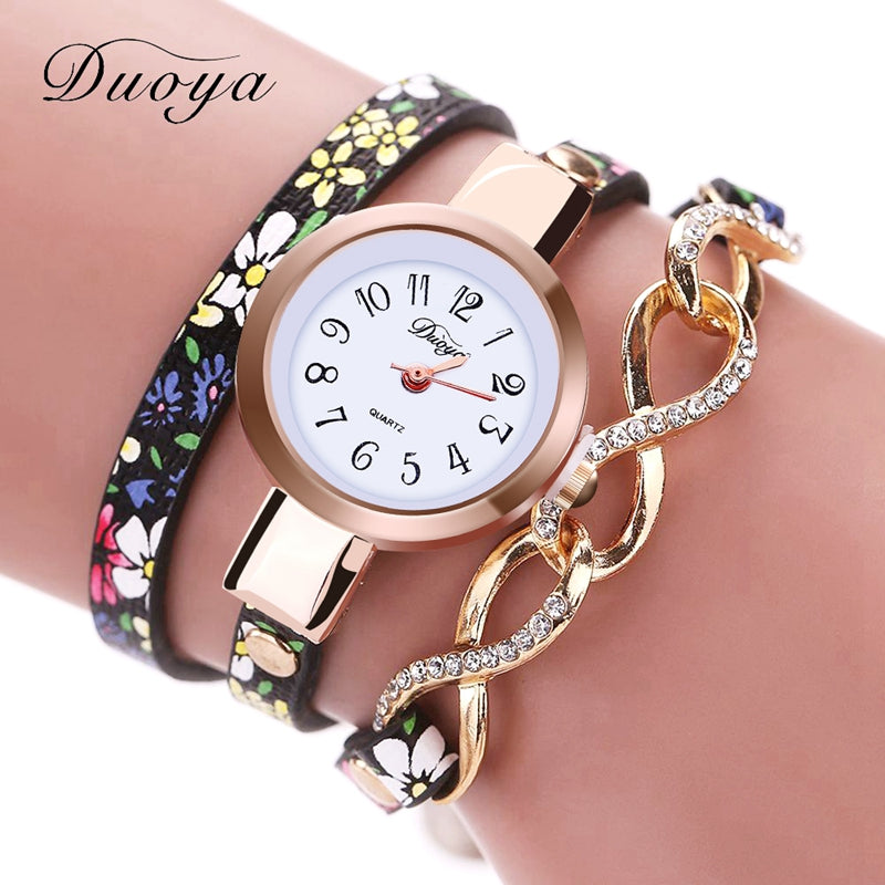 DUOYA D060 Fashion Gold Flower Gemstone Bracelet Watch Quartz Watch