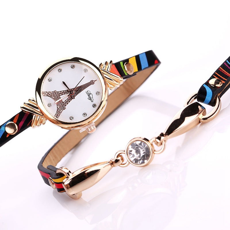 DUOYA D068 Fashion Ladies Watch Tower Dial Gemstone Leather Belt Dress Watch
