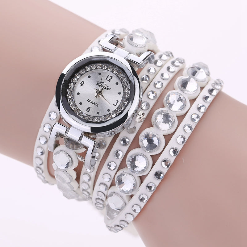 DUOYA D077 Ladies Fashion Stone Jewelry Dress Watch Luxury Silver Bracelet Watch