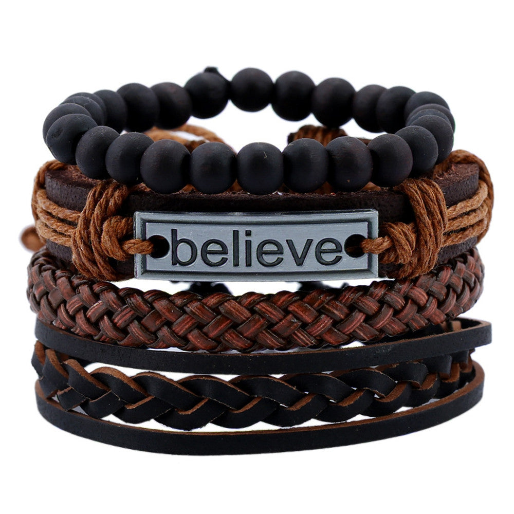 Believe Pattern Cowhide Suit Men 'S Bracelet Hand - Woven Leather Bangles