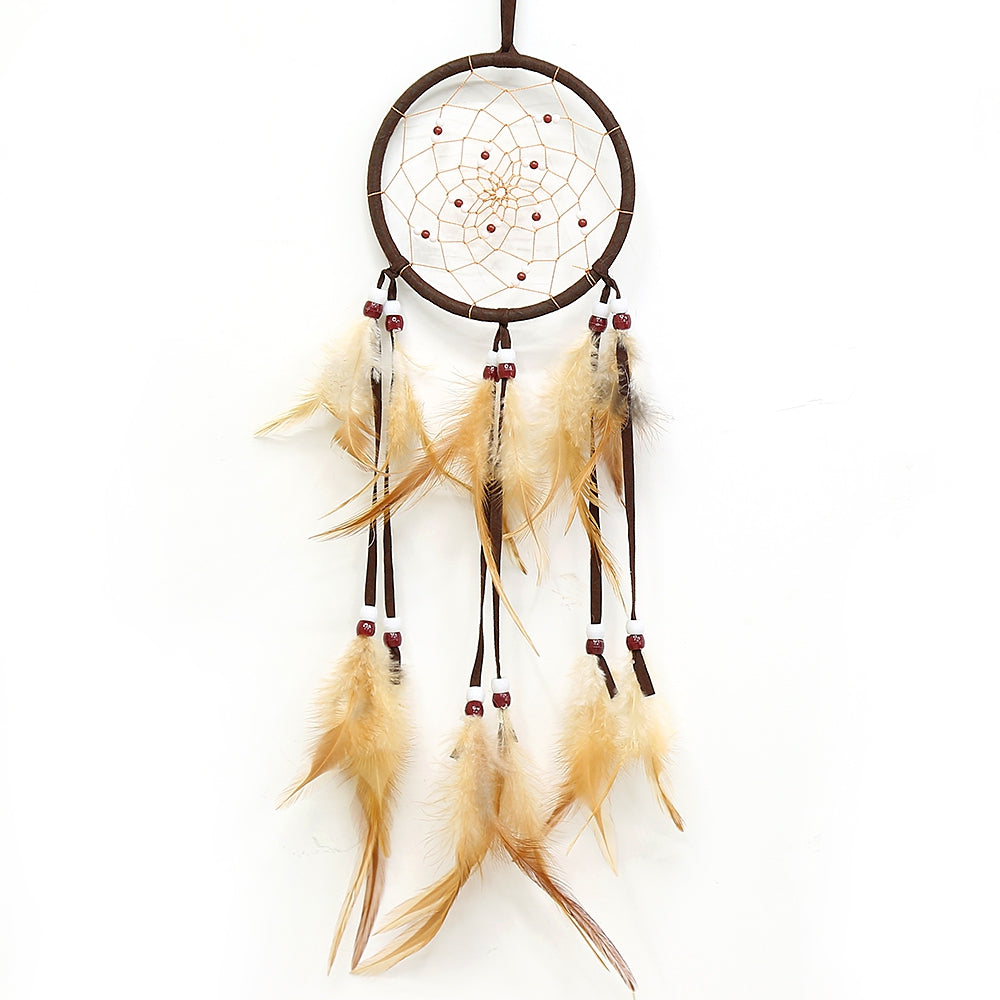 Dream Catcher Brown Color Wall Hanging Home Decoration Ornament Bead Feather Nylon Suede Dreamca...