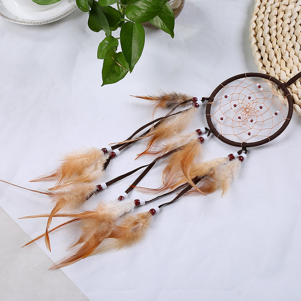 Dream Catcher Brown Color Wall Hanging Home Decoration Ornament Bead Feather Nylon Suede Dreamca...