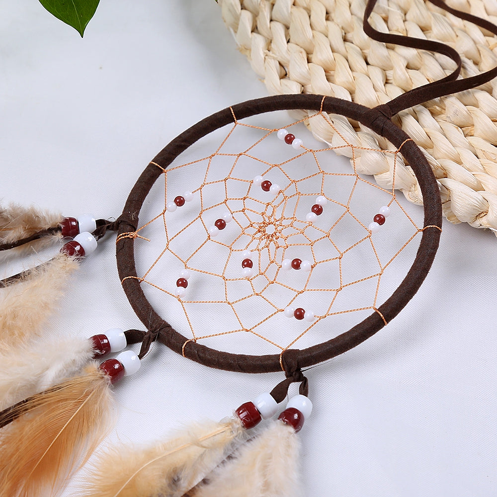 Dream Catcher Brown Color Wall Hanging Home Decoration Ornament Bead Feather Nylon Suede Dreamca...