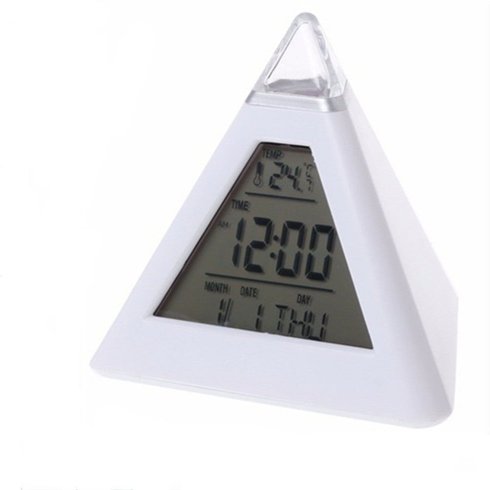 7 LED Change Colors Pyramid LCD Digital Snooze Alarm Clock Time Data Week Temperature Thermometer