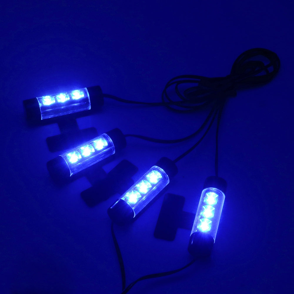 4pcs Universal 3 LED Car Interior Atmosphere Light Kit Foot Lamp Strip Charged by Cigarette Lighter