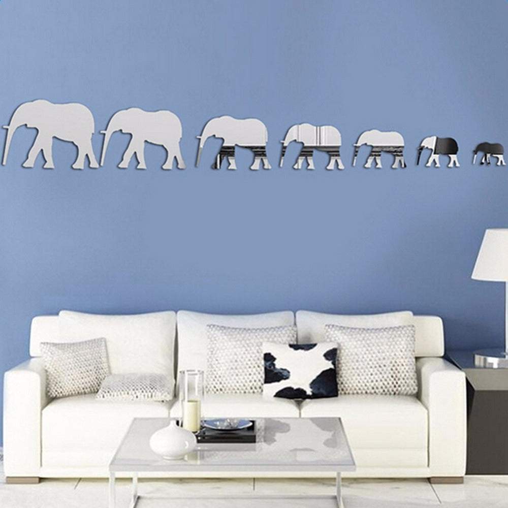 7 Elephants Acrylic Mirror Stickers 3D Home Wall Decoration