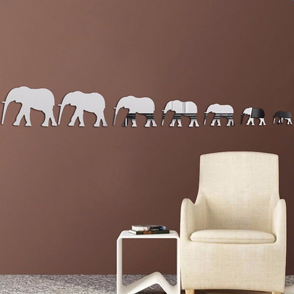 7 Elephants Acrylic Mirror Stickers 3D Home Wall Decoration