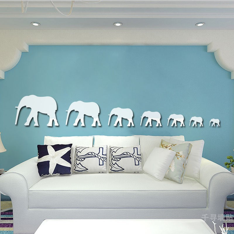 7 Elephants Acrylic Mirror Stickers 3D Home Wall Decoration