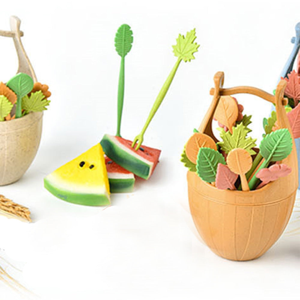 Creative Wheat Straw Cask and Leaves Design Fruit Fork