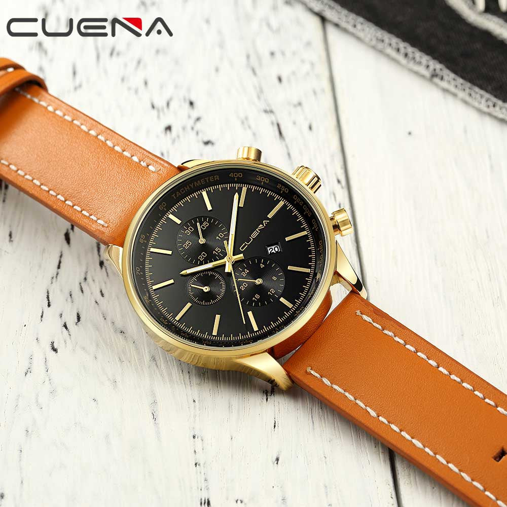 CUENA 6803P Fashion Trendy Casual Big Dial Leather Quartz Watch for Men Male