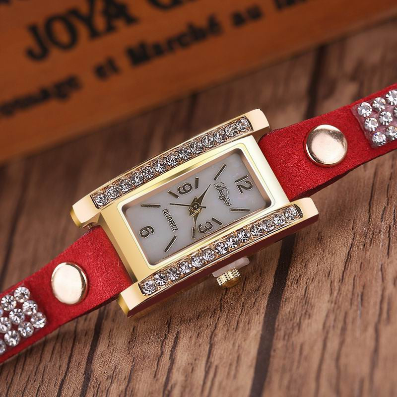 DUOYA D003 Women Leather Strap Rectangular Quartz Wrist Watch With Rhinestones