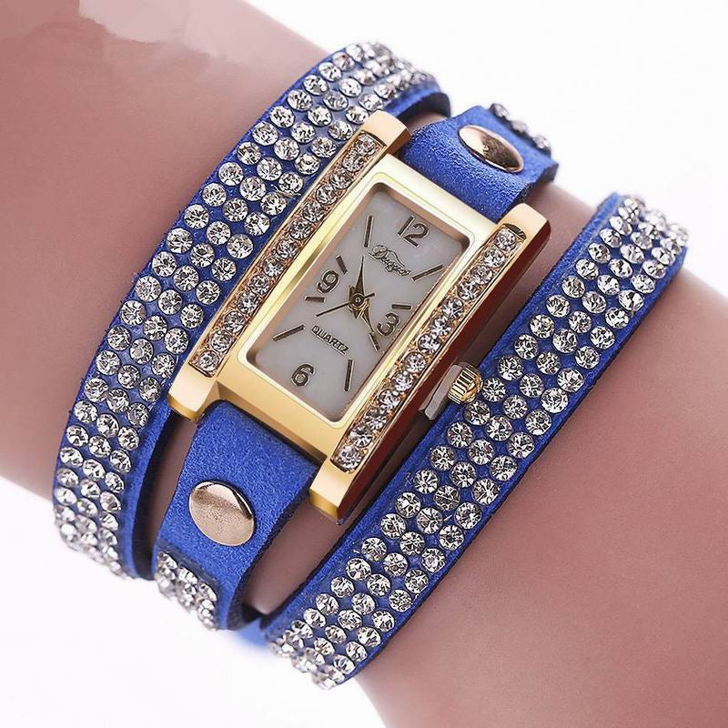 DUOYA D003 Women Leather Strap Rectangular Quartz Wrist Watch With Rhinestones