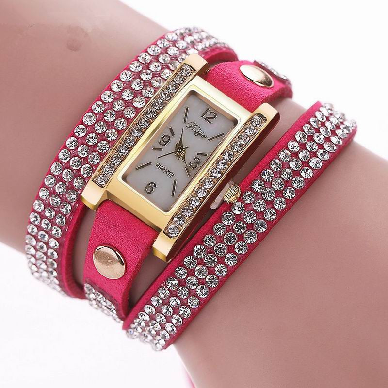 DUOYA D003 Women Leather Strap Rectangular Quartz Wrist Watch With Rhinestones