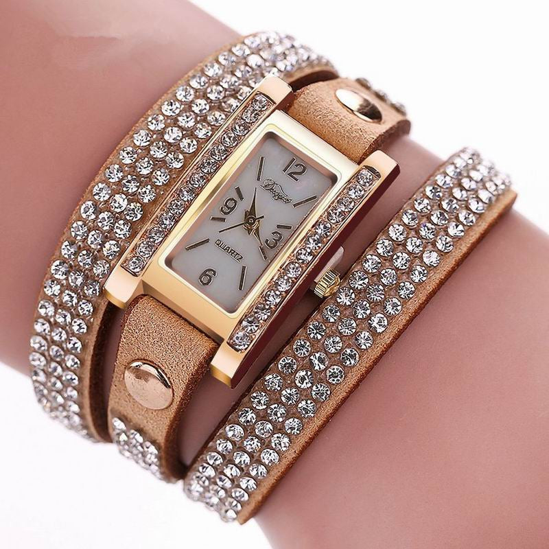 DUOYA D003 Women Leather Strap Rectangular Quartz Wrist Watch With Rhinestones