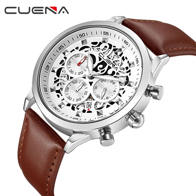 CUENA 6807P Fashion Multifunction Genuine Leather Band Waterproof Men Wristwatch