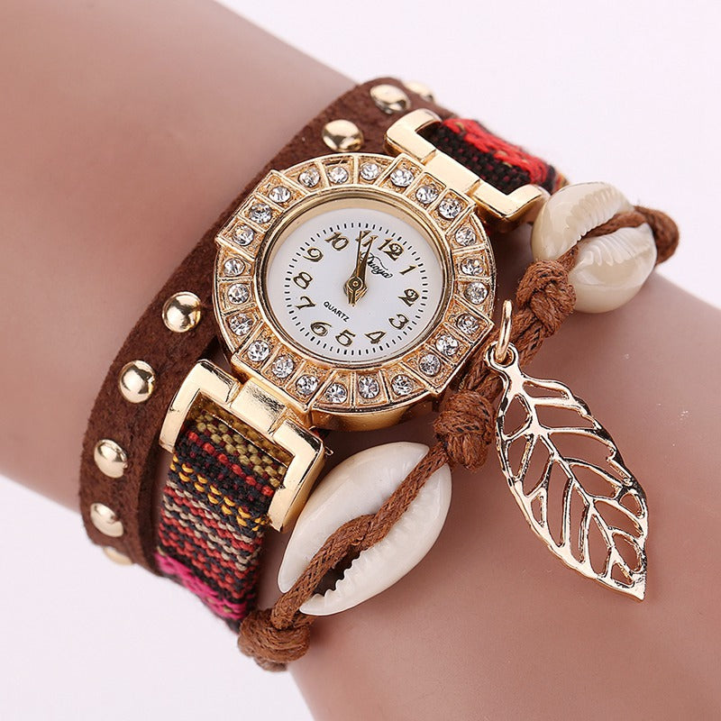 DUOYA D125 Lady Vintage Vacation Wind Gold Leaf Pendant Jewelry Watch