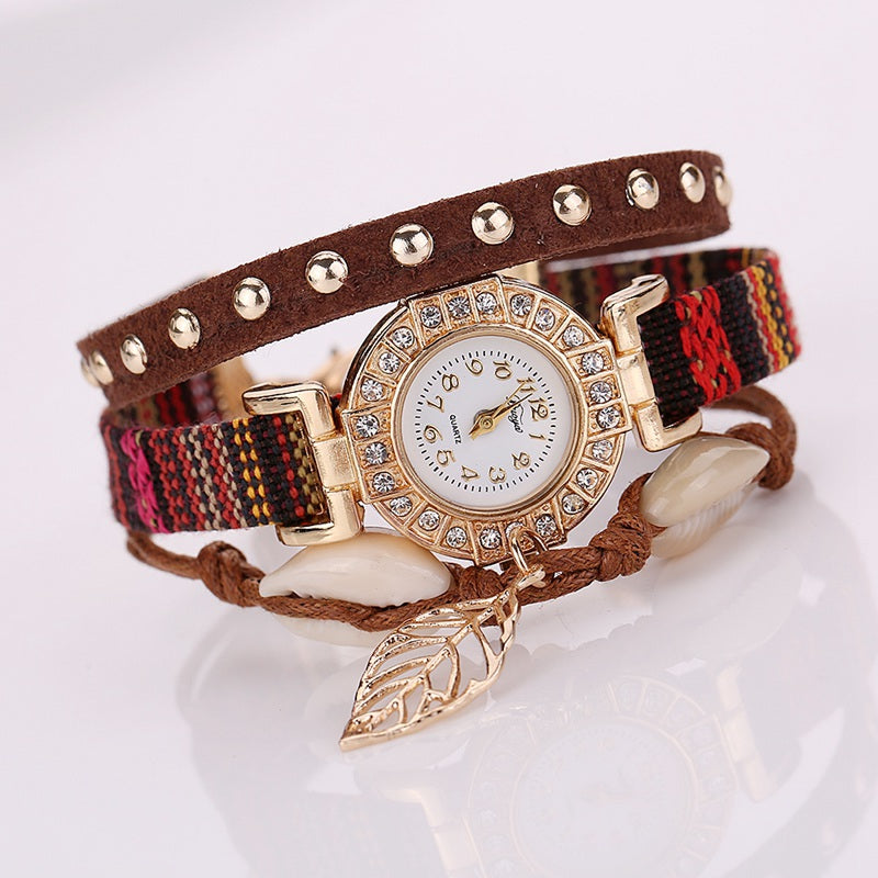 DUOYA D125 Lady Vintage Vacation Wind Gold Leaf Pendant Jewelry Watch