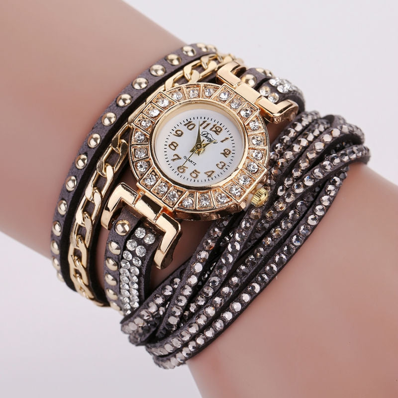 DUOYA D061 Women Girls Wrap Bracelet Wrist Watch with Rhinestones