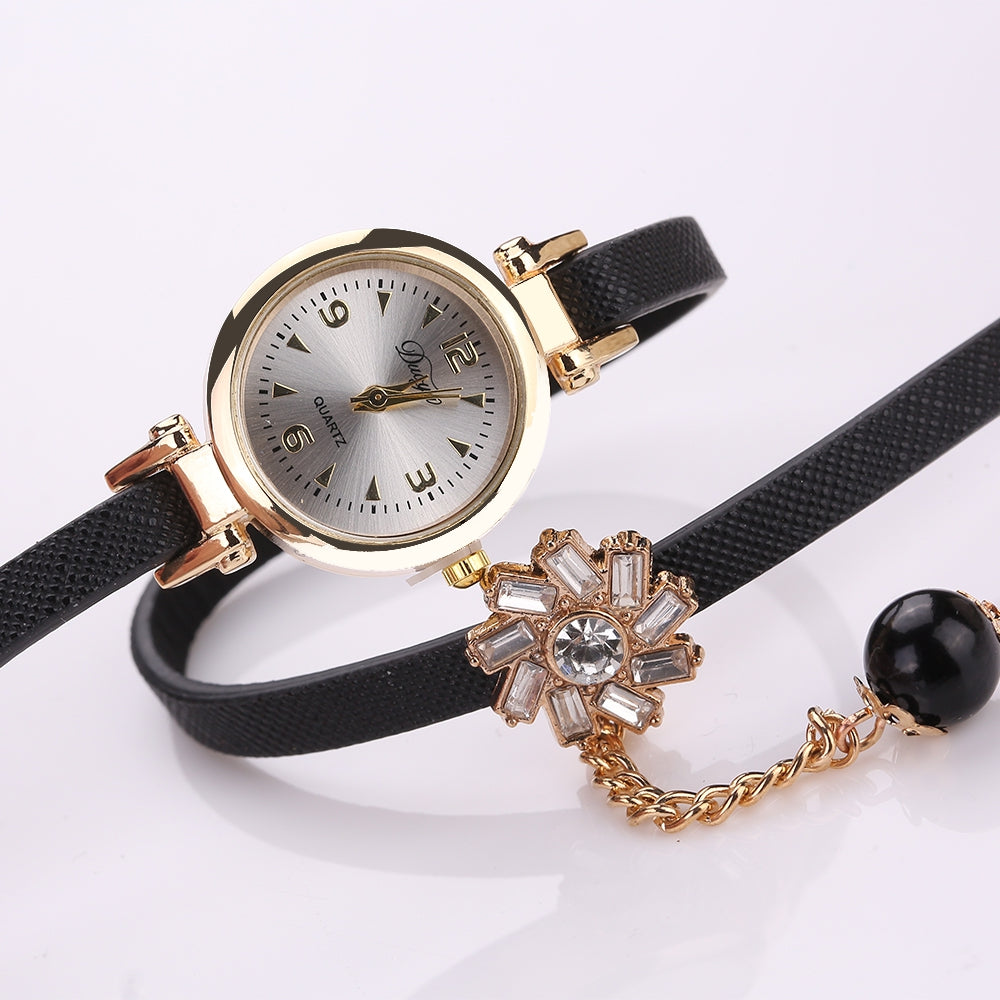 DUOYA D169 Women PU Belt Flower Crystal Bracelet Watch