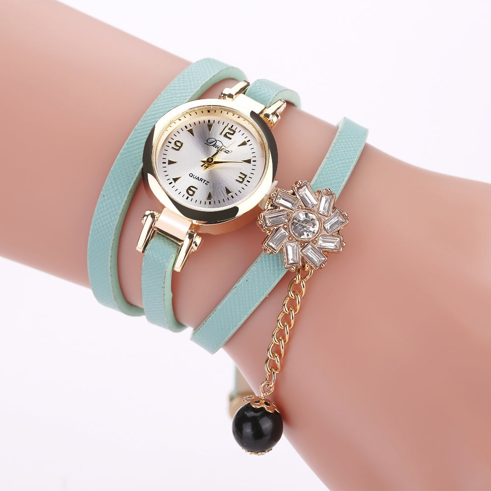 DUOYA D169 Women PU Belt Flower Crystal Bracelet Watch