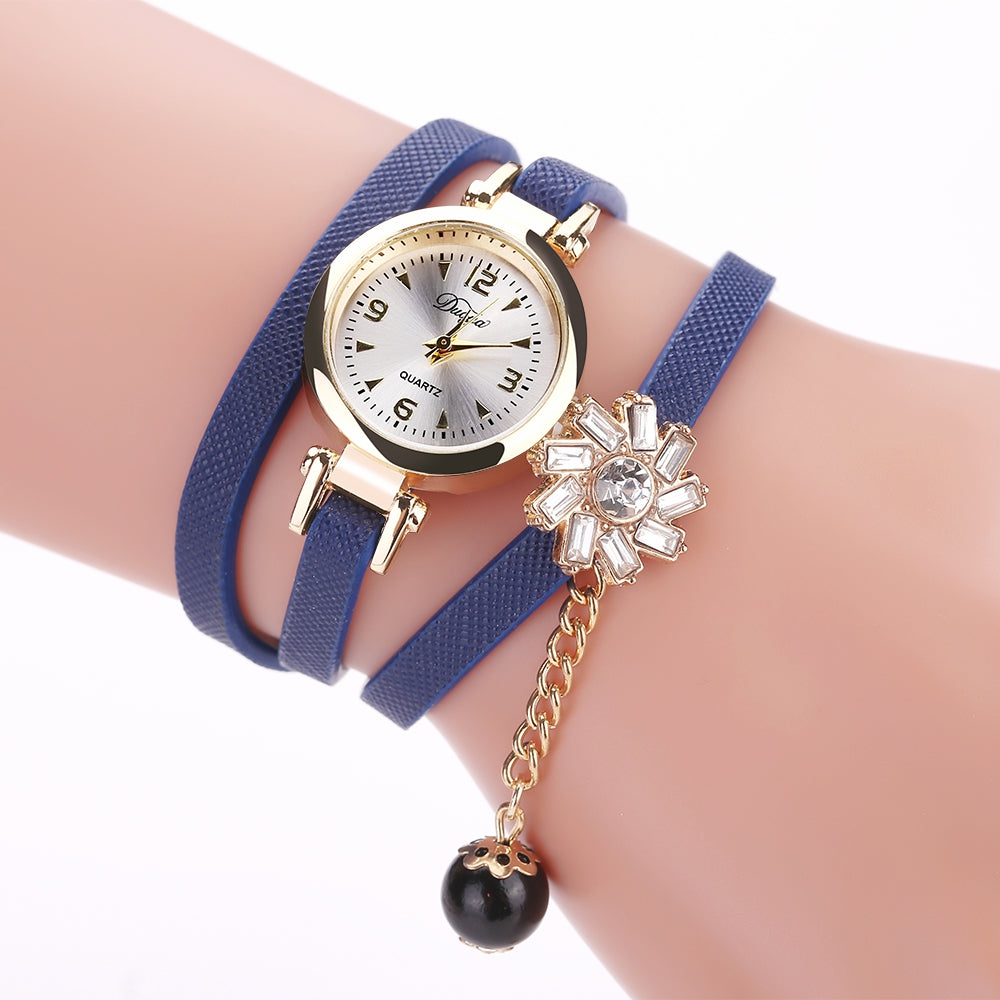 DUOYA D169 Women PU Belt Flower Crystal Bracelet Watch