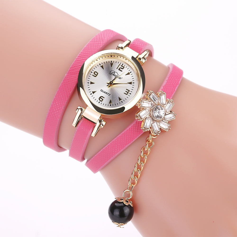 DUOYA D169 Women PU Belt Flower Crystal Bracelet Watch