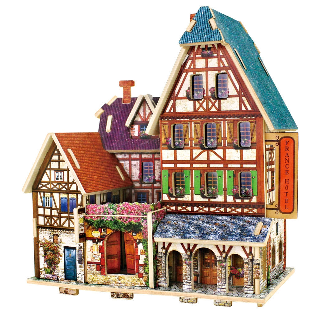 Creative 3D Wood Puzzle DIY Model French Style Hotel Building Puzzle Toy
