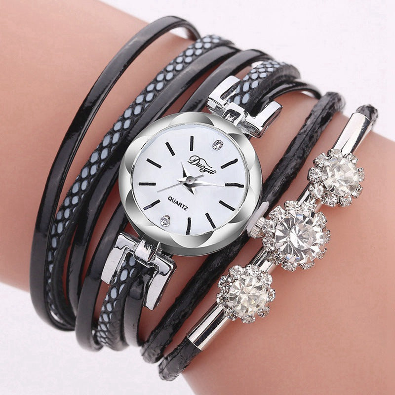 DUOYA D207 Silver Circle Leather Bracelet Quartz Watch