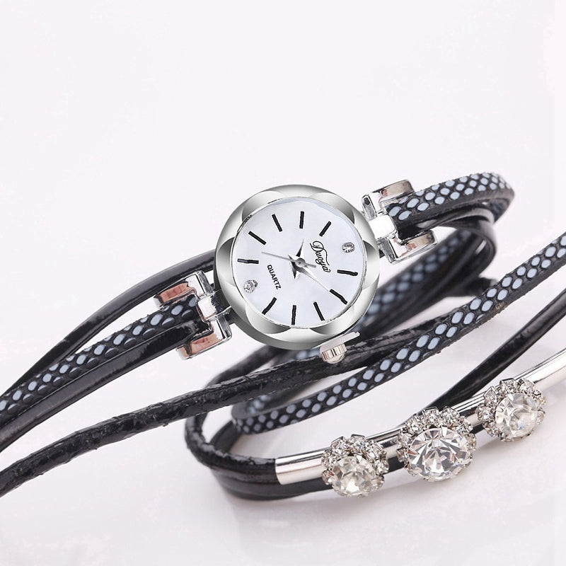 DUOYA D207 Silver Circle Leather Bracelet Quartz Watch