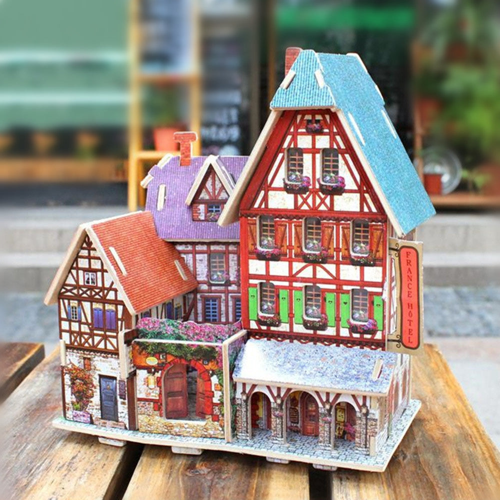 Creative 3D Wood Puzzle DIY Model French Style Hotel Building Puzzle Toy