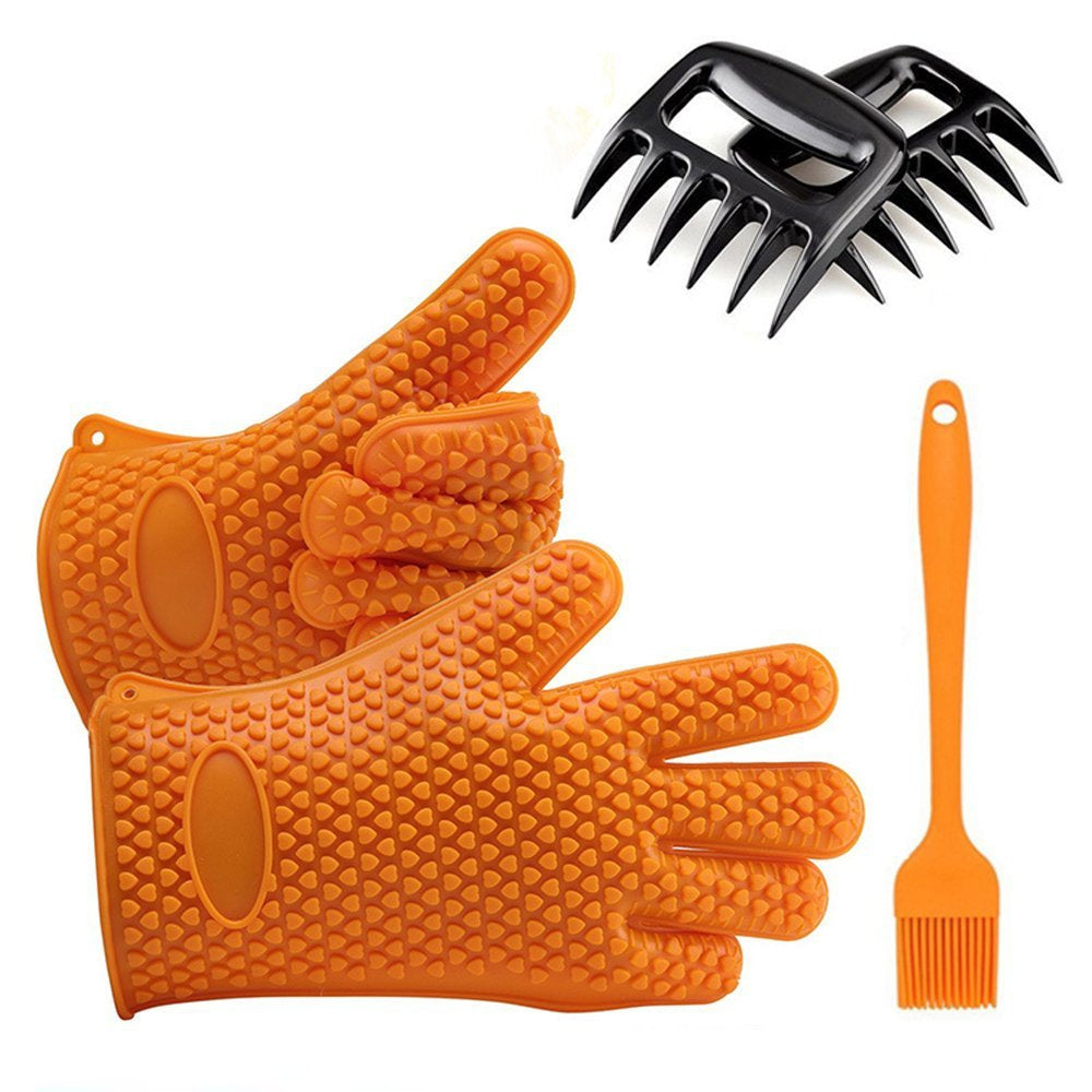 BBQ Tool Set Includes 1 Pair Heat Resistant Silicone BBQ Barbecue Cooking Gloves 2 Meat Shredder...