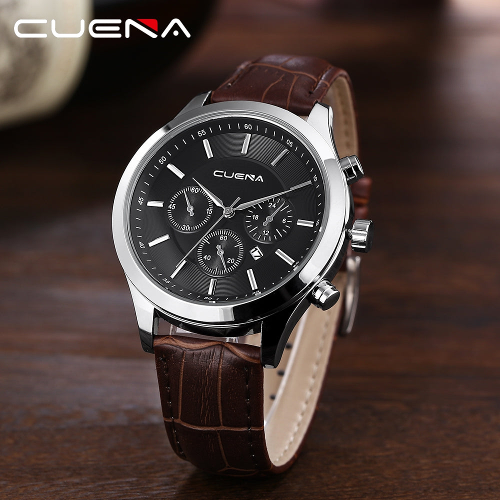 CUENA 6618P Fashion Casual Leather Strap Men Retro Quartz Wristwatch