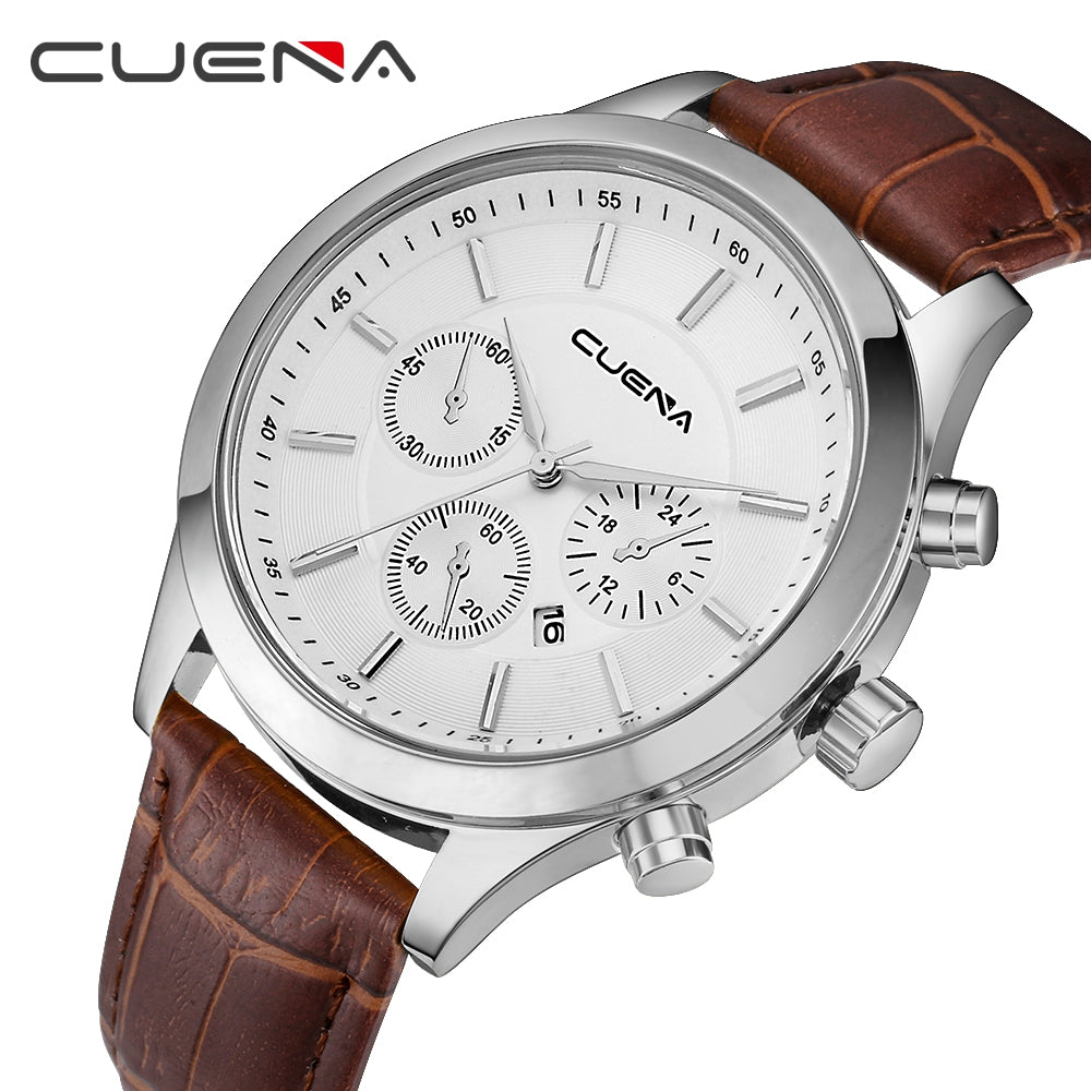 CUENA 6618P Fashion Casual Leather Strap Men Retro Quartz Wristwatch