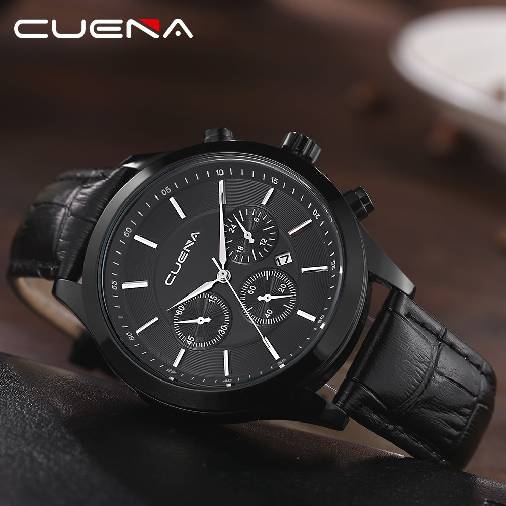 CUENA 6618P Fashion Casual Leather Strap Men Retro Quartz Wristwatch