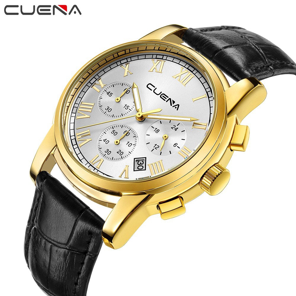 CUENA 6609P Men's Fashion Trendy Multifunction Leather Strap Quartz Wristwatch