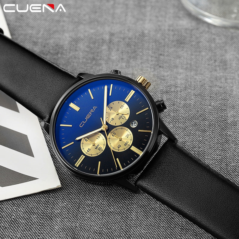 CUENA 6813 Genuine Leather Band Men Multifunction Quartz Watch with Alloy Case