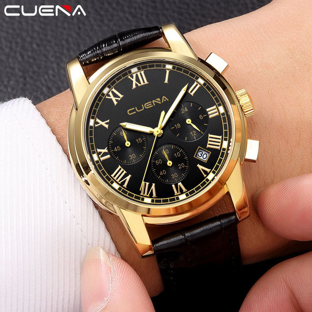 CUENA 6609P Men's Fashion Trendy Multifunction Leather Strap Quartz Wristwatch