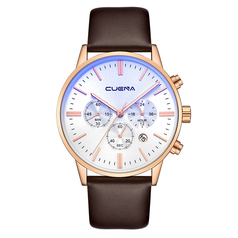 CUENA 6813 Genuine Leather Band Men Multifunction Quartz Watch with Alloy Case