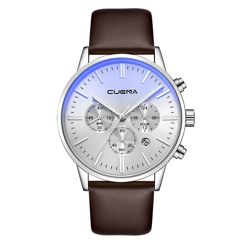 CUENA 6813 Genuine Leather Band Men Multifunction Quartz Watch with Alloy Case