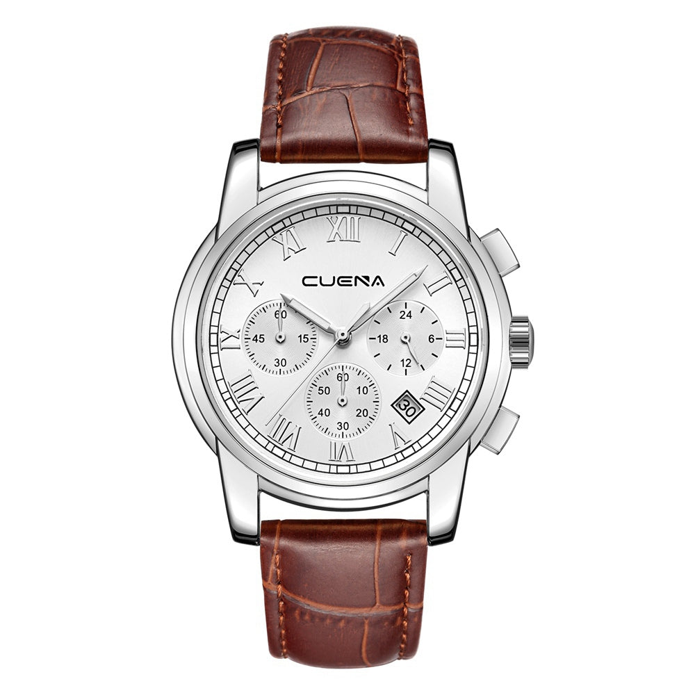 CUENA 6609P Men's Fashion Trendy Multifunction Leather Strap Quartz Wristwatch