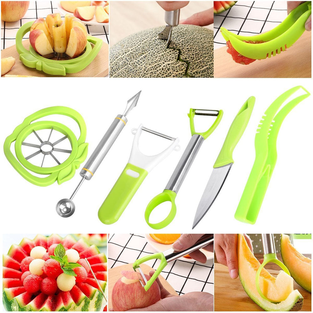 6-in-1 Fruit Carving Tool Set - Watermelon Slicer Melon Baller Scoop Fruit Carver Apple Corer Pe...