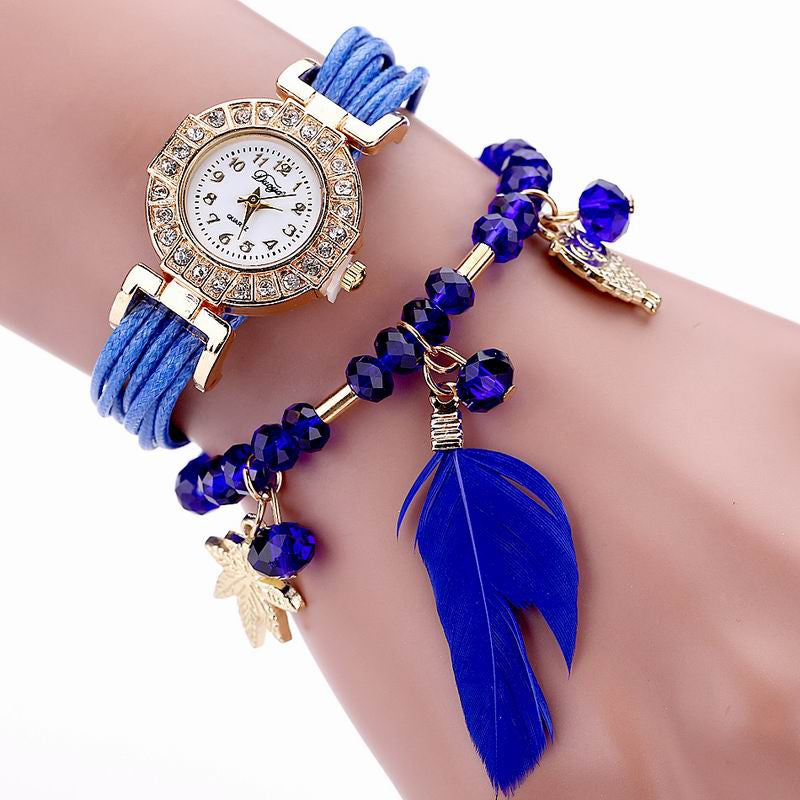 DUOYA D051 Women Beaded Analog Quartz Wrist Watch with Feather