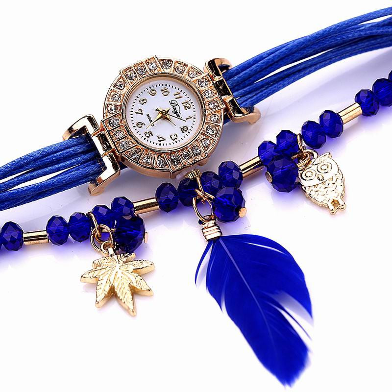 DUOYA D051 Women Beaded Analog Quartz Wrist Watch with Feather