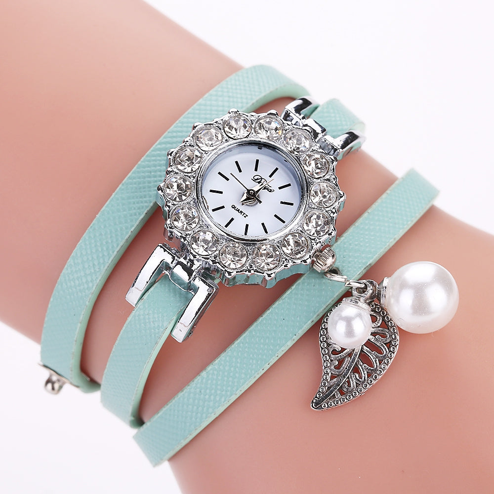 DUOYA D173 Ladies Analog Quartz Bracelet Wrist Watch with Pearl and Leaf