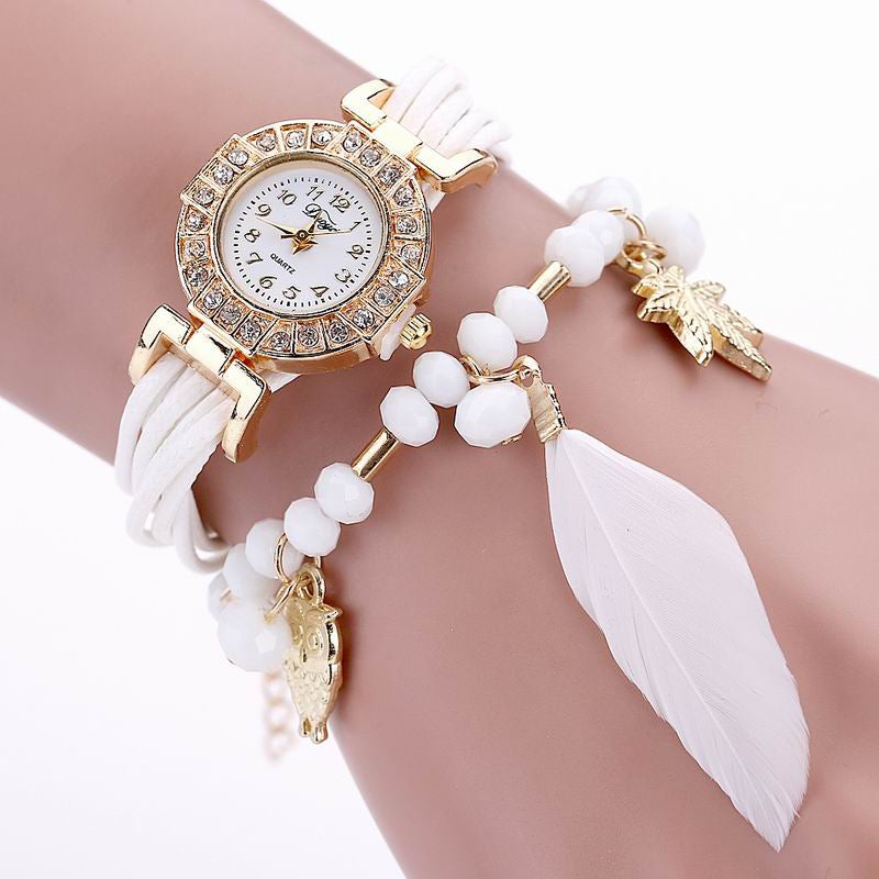 DUOYA D051 Women Beaded Analog Quartz Wrist Watch with Feather