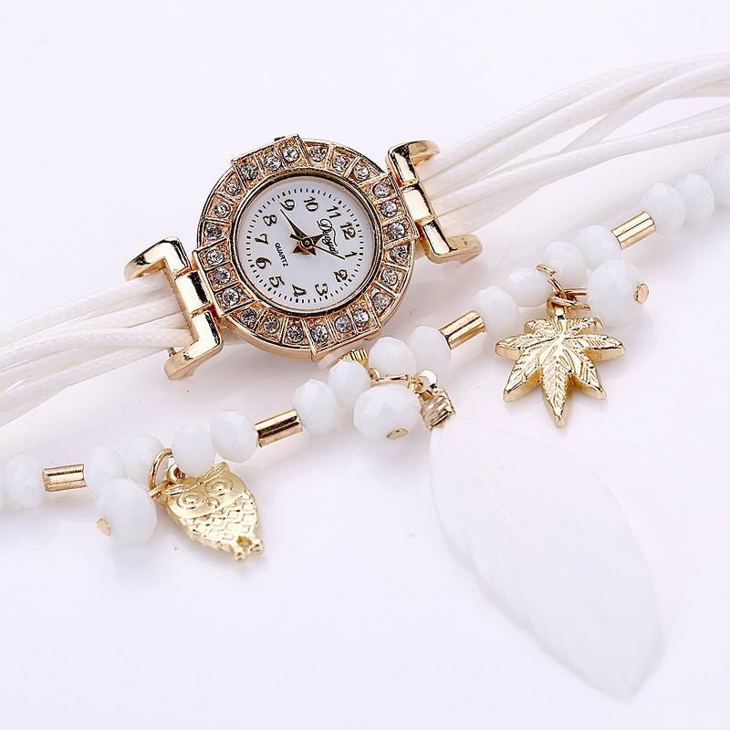 DUOYA D051 Women Beaded Analog Quartz Wrist Watch with Feather