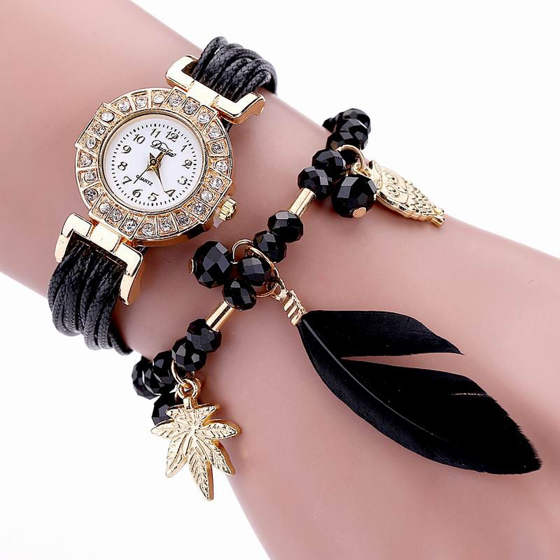 DUOYA D051 Women Beaded Analog Quartz Wrist Watch with Feather