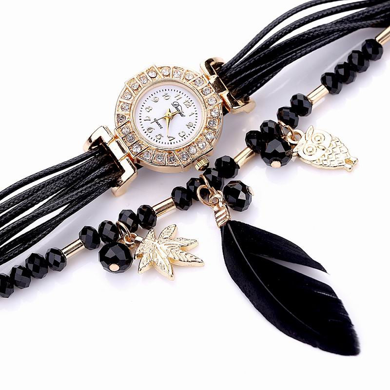 DUOYA D051 Women Beaded Analog Quartz Wrist Watch with Feather